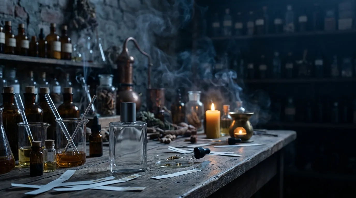 A plain glass perfume bottle on a dark lab bench among pipettes and blotter strips