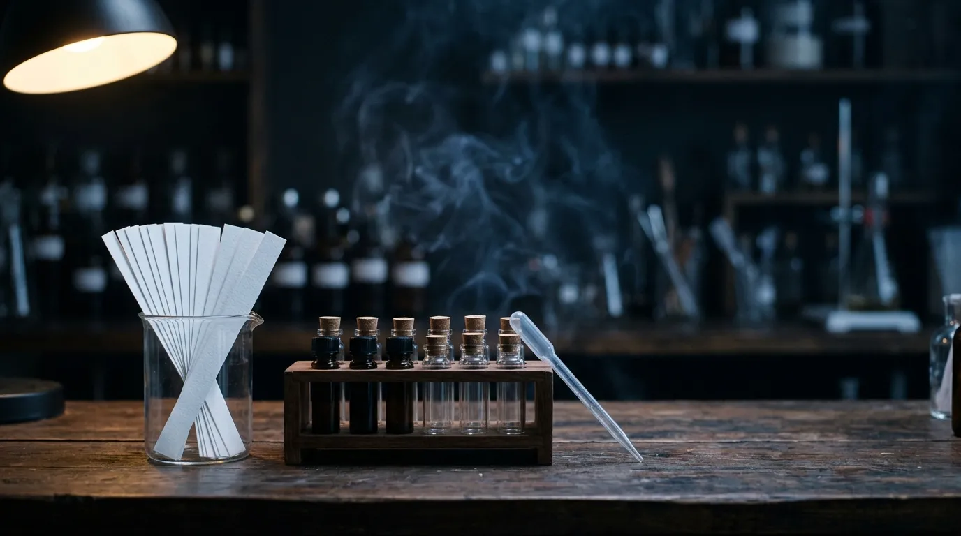 A perfumer's bench: blotter strips in a glass beaker, small corked vials in a wooden rack and a glass pipette
